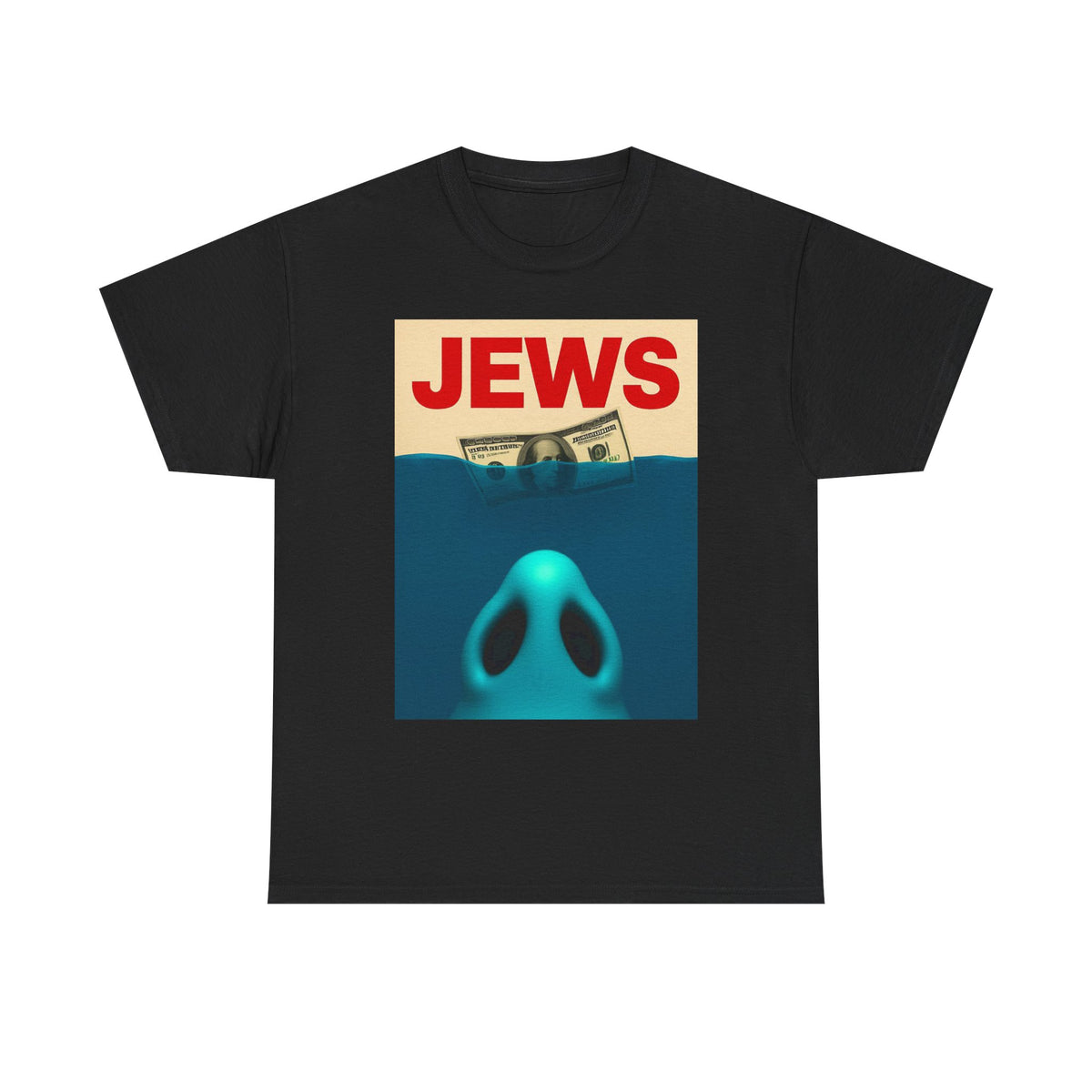 Jaws parody funny shark movie t-shirt front view, heavy cotton unisex tee