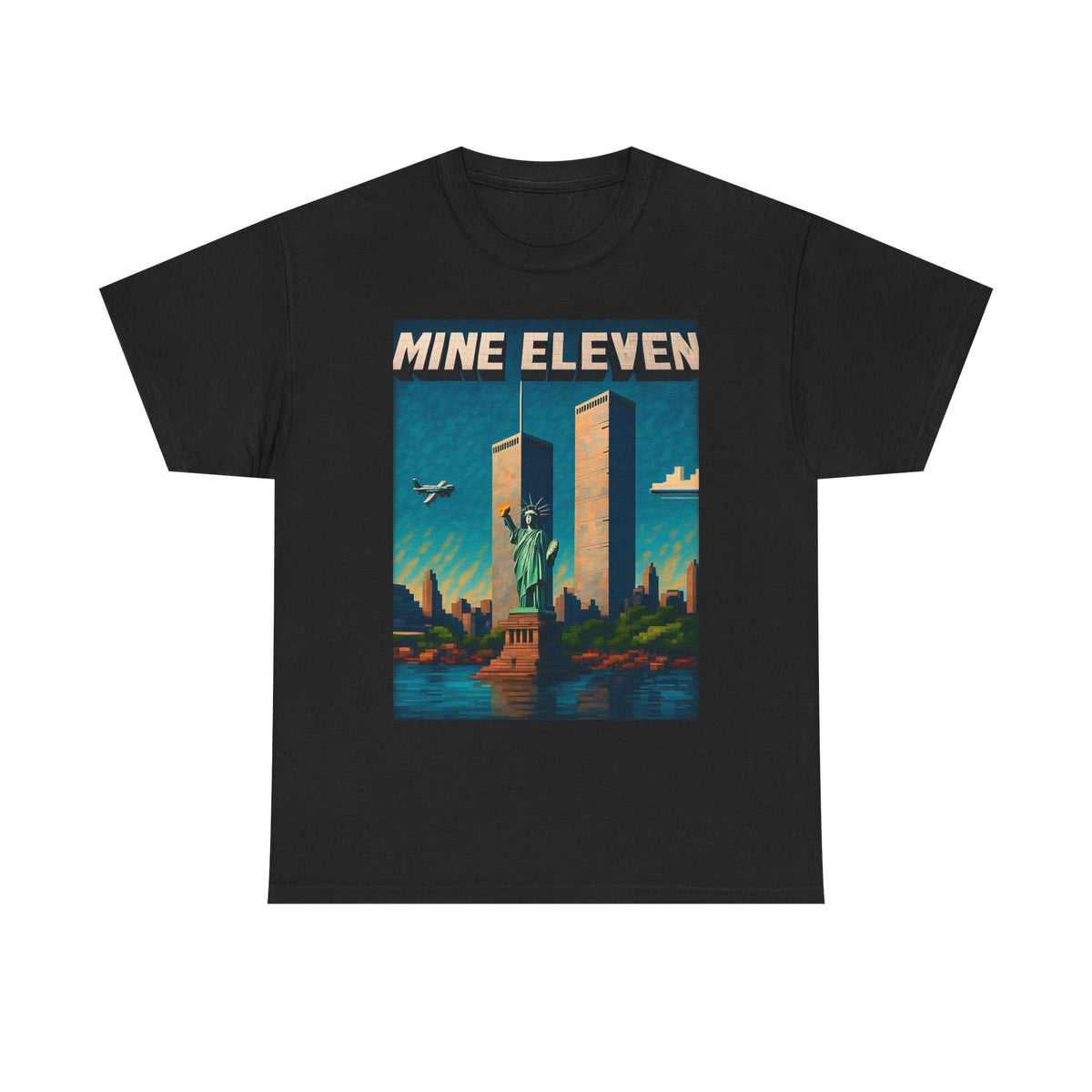 Mine Eleven funny sci-fi gamer parody t-shirt front view, heavy cotton unisex tee