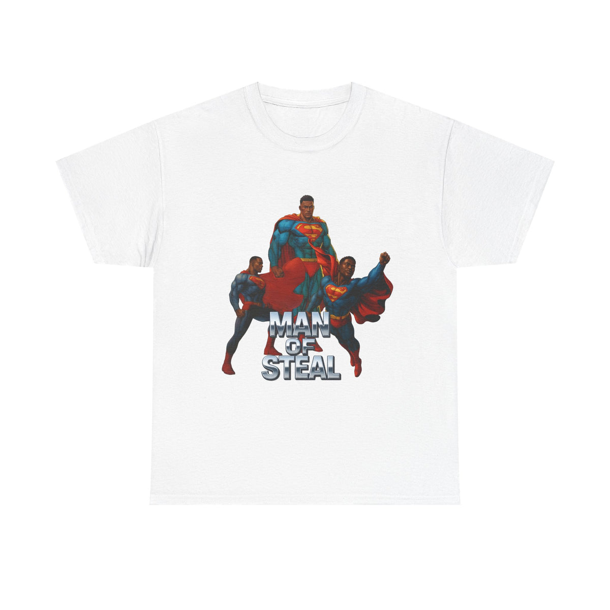 Man of Steal 2 funny superhero parody t-shirt front view, heavy cotton unisex tee
