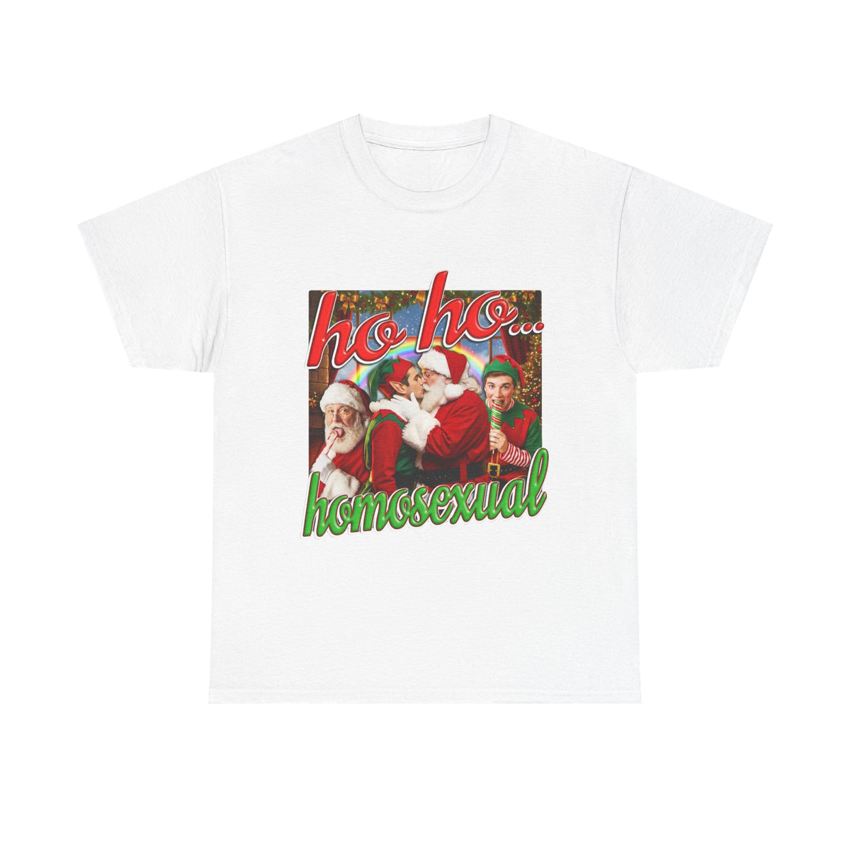 Ho Ho Homosexual funny gay Christmas t-shirt front view, heavy cotton unisex tee
