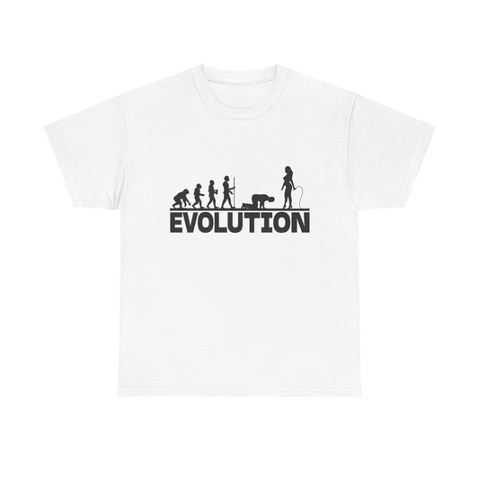 Evolution funny evolution parody t-shirt front view, heavy cotton unisex tee