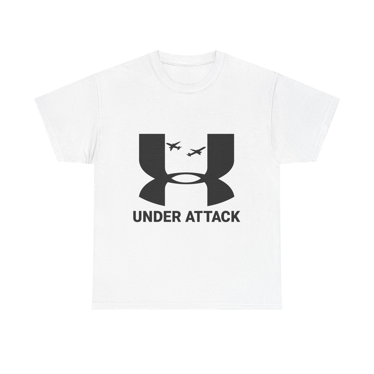 Under Attack funny sportswear parody t-shirt front view, heavy cotton unisex tee
